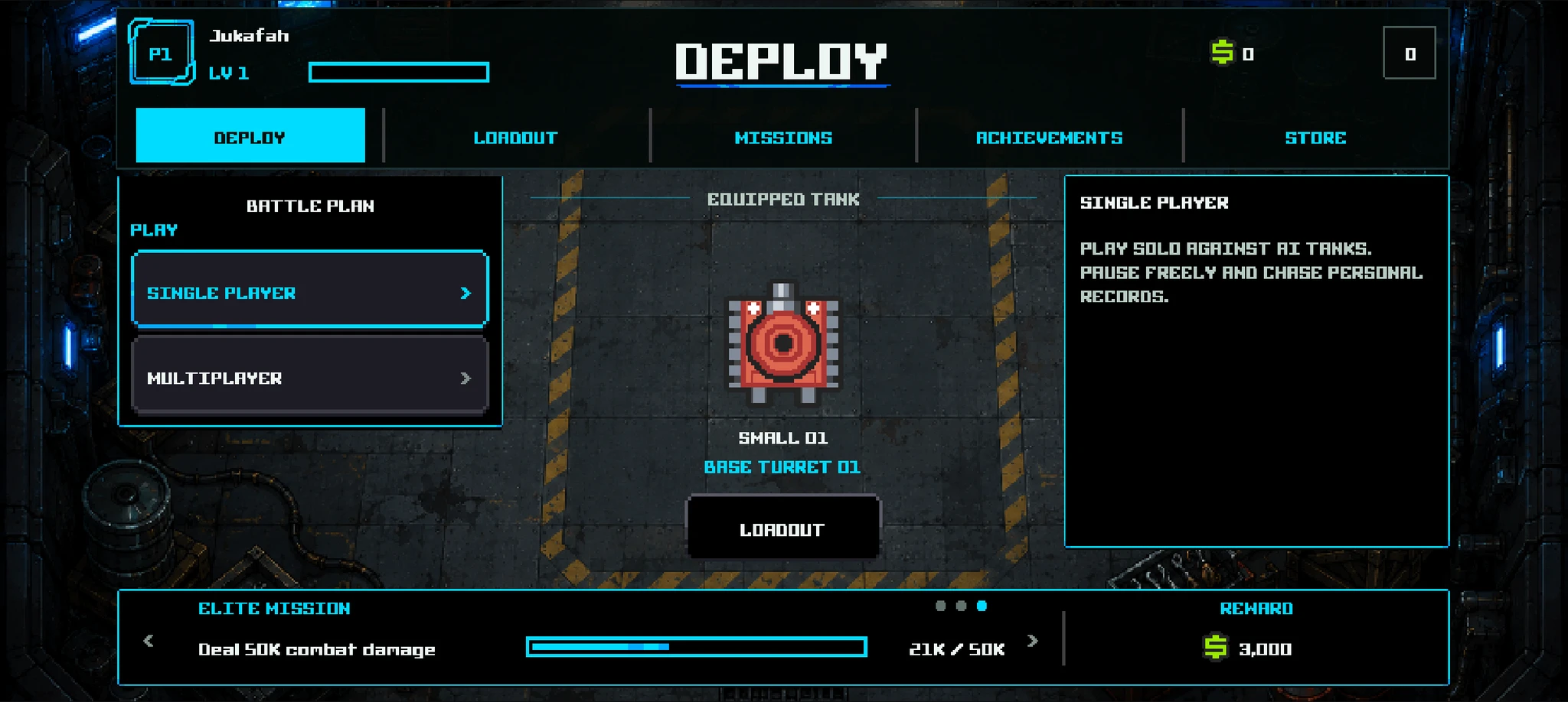 The Pixel Tanx Deploy screen with single-player and multiplayer choices.