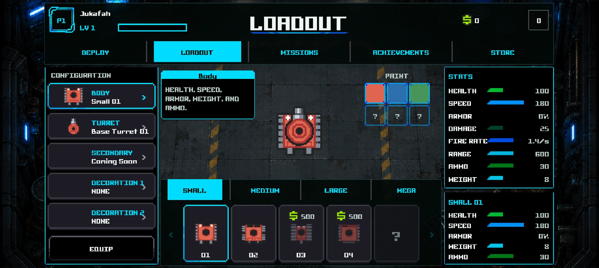 The Pixel Tanx loadout screen showing a small red tank and body, turret, and paint options.