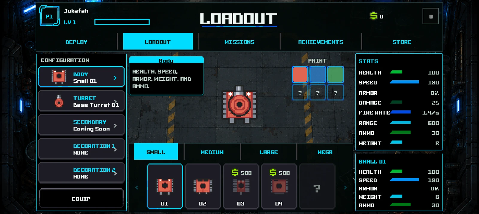 The Pixel Tanx loadout screen showing a small red tank and body, turret, and paint options.