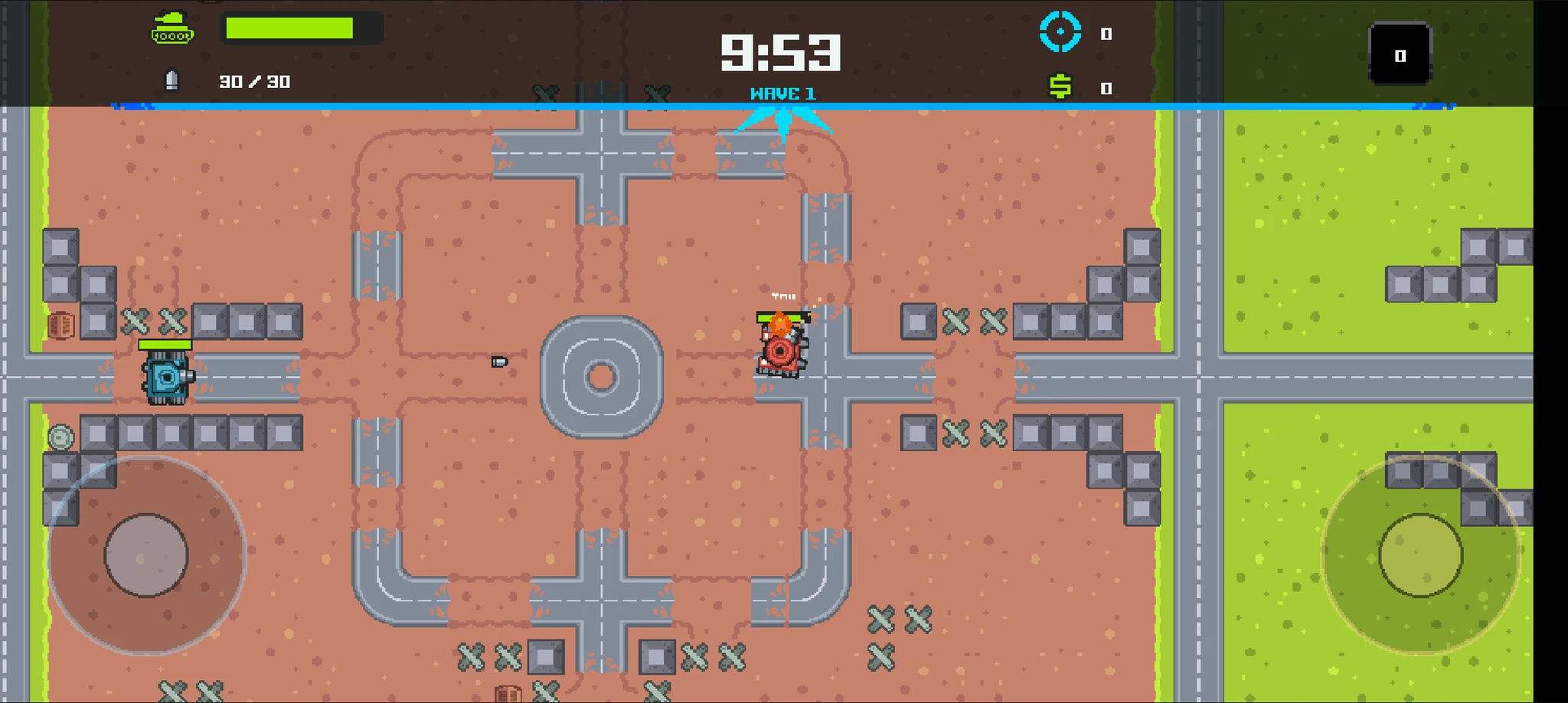A red tank trades cannon fire with an enemy in the pixel-art arena.